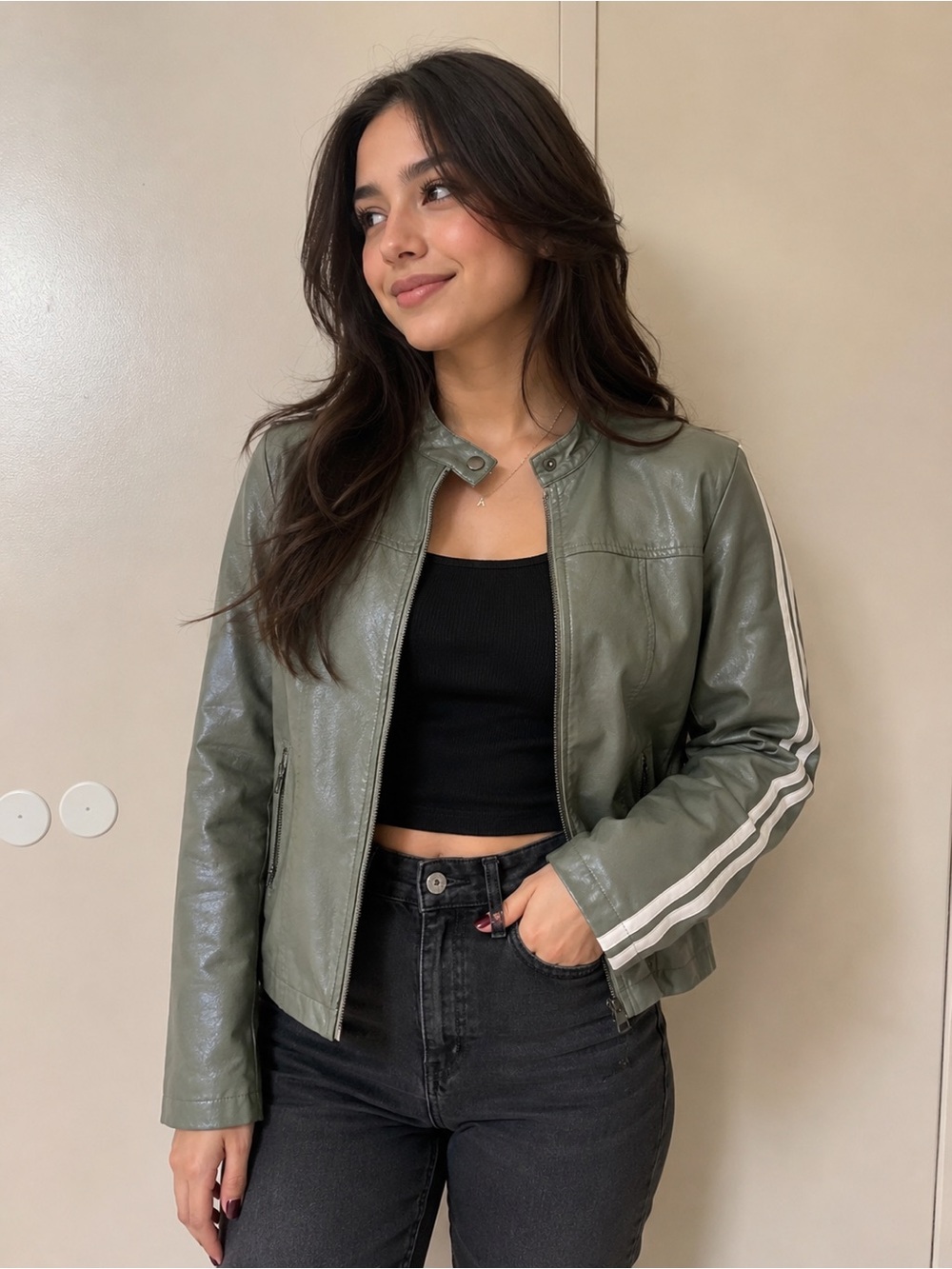 Motel Rocks Olive Green Faux Leather Jacket